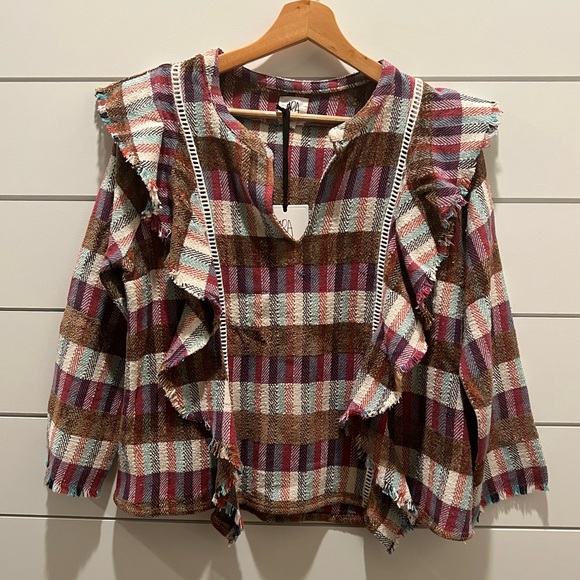 dRA Kelsey Plaid Fringe Ruffle Top Medium - Picture 3 of 9